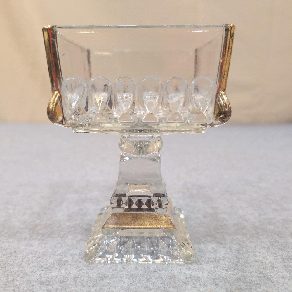 Vintage Clear Pressed Glass Square Pedestal Dish Gold Trim Thumbprint Pattern